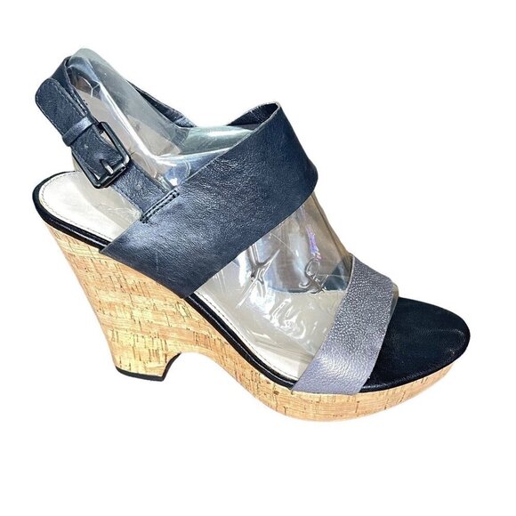 Franco Sarto Gardenia Size 10 M Black and Pewter Cork‎ Wedge Heel Sandals Shoes - Picture 2 of 11